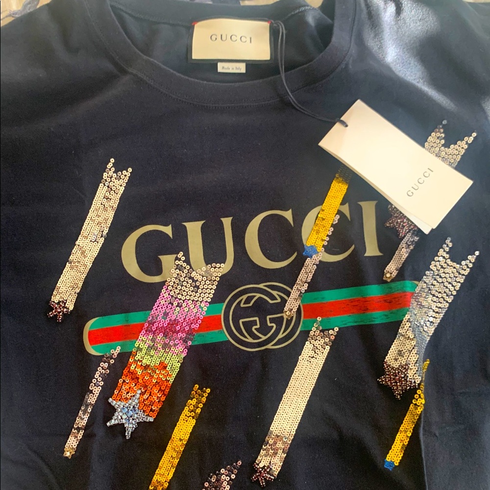 Gucci Black Sequin Embellished Cotton  Shooting Stars T shirt L